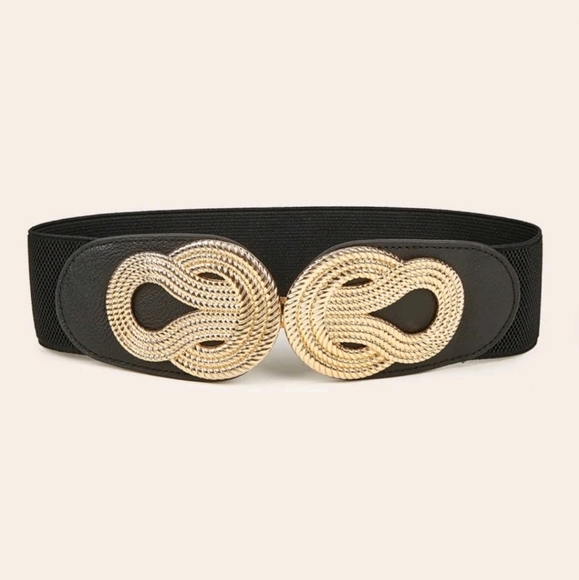 Boho Corset Black wide waist elastic stretch metal gold swirl buckle dress belt - Picture 6 of 9